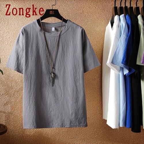 Zongke Solid Linen Cotton T Shirt For Men Clothing Casual Shirts For Men Harajuku Tops Hip Hop M-5XL 2021 Summer New Arrival
