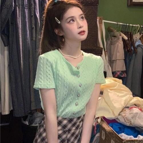 T-shirts Women Avocado Green Knitted Short Sleeve Summer Sweet Girls Fashion Buttons Sexy Slim Tops Korean Style Streetwear Chic