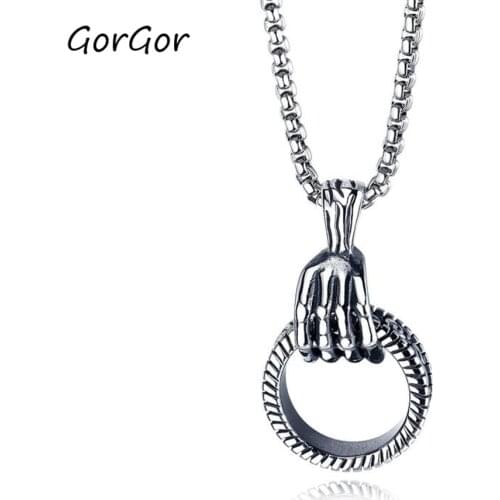 GorGor Unisex Jewelry Hip Hop Skull Hand Necklace Titanium Steel Mens Pendant Fashion Necklace 1486