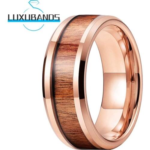 8MM Rose Gold Tungsten Carbide Rings For Men Women Beveled Vietnam Acrylic Tree Wood Inlay Polished Finished Comfort Fit