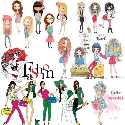 Fashion Girl Applique Thermo Stickers On T-Shirt Women Patch Iron On Transfer Patches For Clothing Summer Dress Stickers Decor