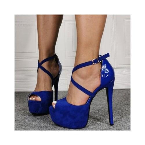 Fashion platform high heels female strap sandals blue flock leather stiletto summer gladiator luxury party wedding Womens shoes