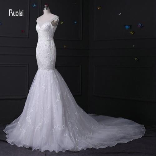 100% Real Sample Mermaid Sexy Lace Embroidery Cap Sleeves Zipper White vestidos de novia Formal Wedding Dress(WDSB-2024)