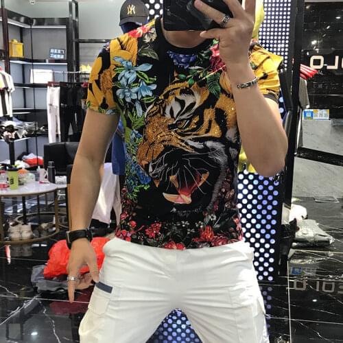 2021 New England Style Fancy T shirt Man Tiger Diamond Short Sleeve Men Leisure Slim Printing Summer T-shirt Large size