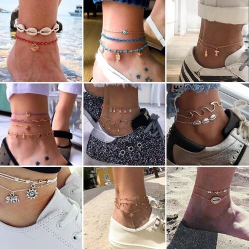 Simple Women Anklets Heart Pendant Beads Chain Black Leather Rope Gold Anklet Set Fashion Girls Birthday Party Jewelry Gifts