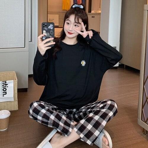 2020 Autumn Long Sleeve Pajama Sets for Women Loose Casual Plaid Pants Sleepwear Suit Pyjamas Homewear Pijama Mujer Home Clothes