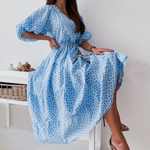 40# Polka Dot Print Maxi Dress Women V-neck Loose Ruffle Lantern Sleeve Long Dress Hight Silm Waist Lace Up Elegant Flowy Dress