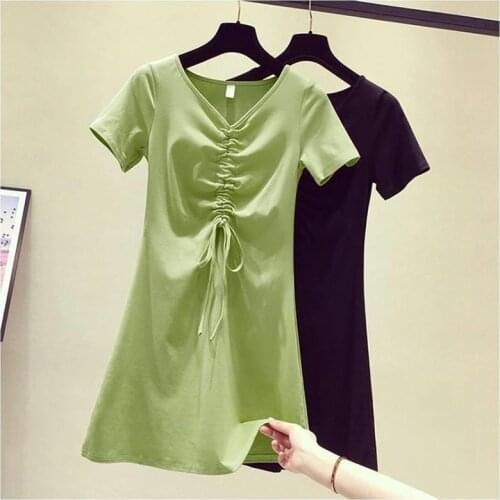 Korean Dress Summer Shirt Dress Women Elegant V Ncek Black Solid color Ladies Clothes Bandage Casual