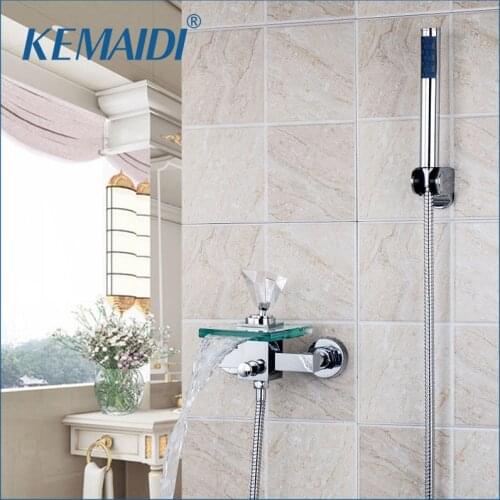 KEMAIDI Bathroom Bath Handheld Shower Tap Waterfall Glass Spout Crystal Diamond Handle Wall Mounted Bathroom Mixer Faucet