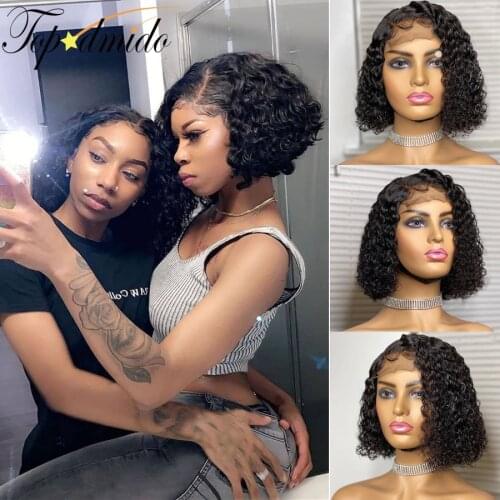 Topodmido Curly lace Front Wigs with Baby Hair Natural Color Short BOB Human Hair Wig Brazilian Remy Hair Lace Frontal Wigs