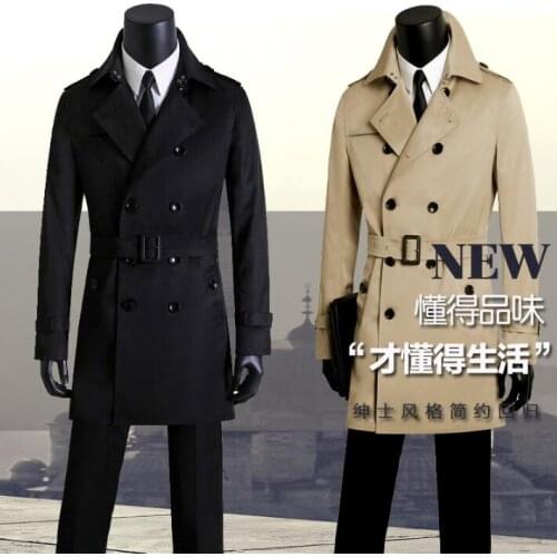 Korean double breasted slim sexy casual trench coat men overcoat long sleeve mens clothing business spring autumn black khaki