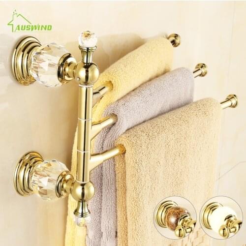Solid brass 32 cm length 180 Degree Rotating gold crystal towel Bars Wall Mounted Bathroom towel holder