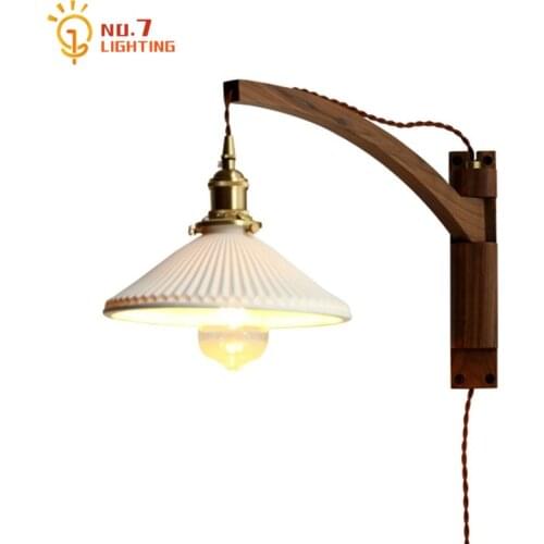 Japanese Vintage Black Walnut Wall Lamp Led E27 Ceramic Lampshade Folding Wall Mounted Balcony Study Bedroom Bedside Bar Cafe