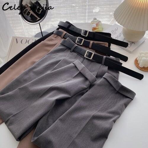 SHIJIA Black Cuffs Trousers Woman High Waist Harem Pants with Belt Korean Fashion Gray Chic Business Pants Bottom Female Elegant