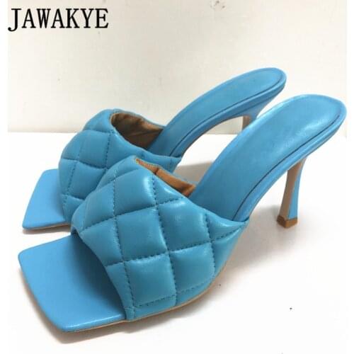 Brand High heel Mules Slippers Women Genuine Leather Square Toe Runway Slides Ladies Big Padded Grid Party Dress Flipflops Femme