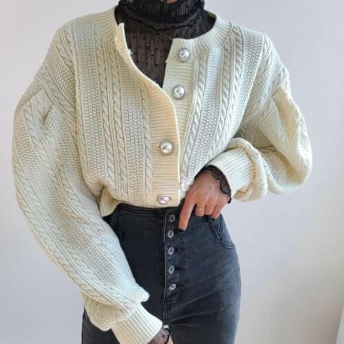 Vintage Korean Style Puff Sleeve Short Cardigans Outwear For Women Spring Autumn High Street O Neck Loose Knitted Sweater Top