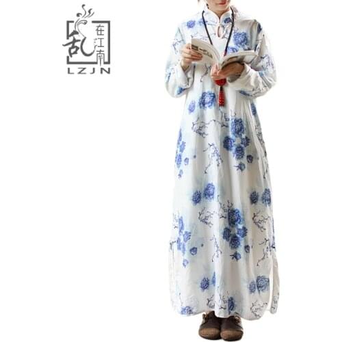 LZJN White Autumn Dress 2019 Long Sleeve Blue Floral Vintage Robe Ethnic Chinese Style Maxi Tunic Elegant Dress Shift Side Split