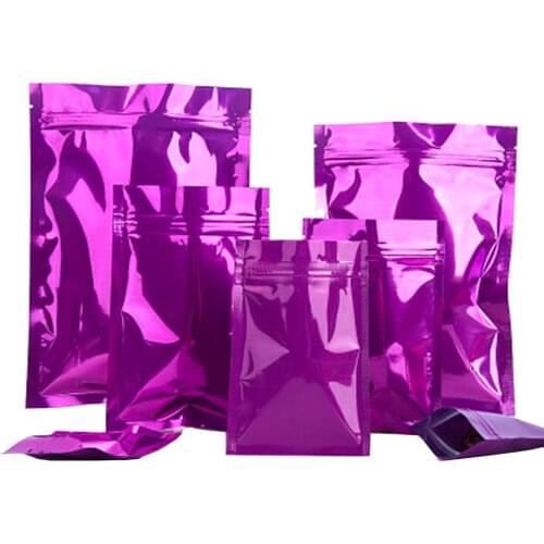 100Pcs/Lot Glossy Purple Aluminum Foil Bag Zip Lock Grip Seal Tear Notch Food Storage Packaging Pouches for Snack Candy Cookies