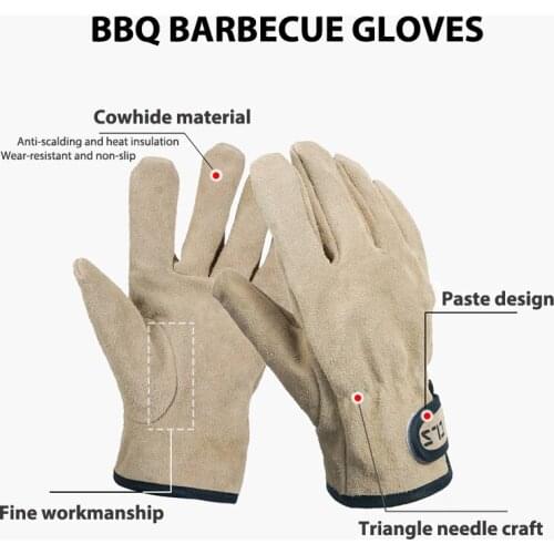Two Layers Leather Outdoor BBQ Gloves Fire Heat Resistant Kitchen Oven Mitts Hard Wearing Clamping Glove