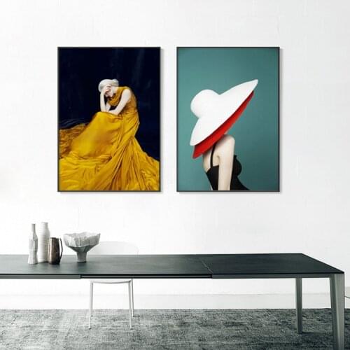 Elegent and Graceful Girls Wall Art Canvas Painting Beautiful Yellow Dress and White-Red Cap Wall Pictures for Living Room Aisle