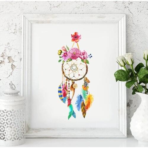 Dreamcatcher Feather Flower Watercolor Art Canvas Painting Poster Prints Dream Catcher Boho Style Picture Bedroom Wall Art Decor