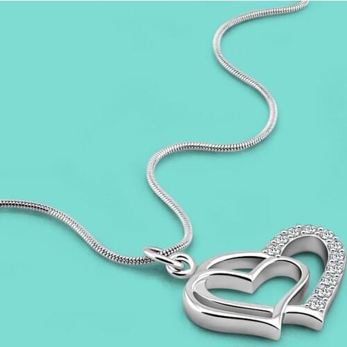 Classic Womens 100% 925 Silver Heart Pendant Chokers Necklace Original Silver Clavicle Snake Chain 46-51CM Party Jewelry Gift