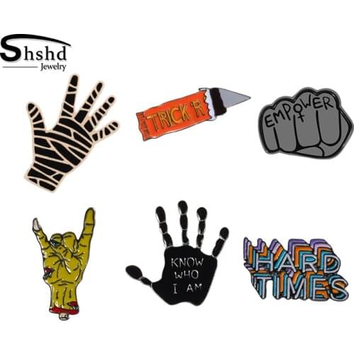 Trendy Rock HipHop Gestures Enamel Pins HARD TIMES Letter Power Fist Brooches Men Women Punk Hat Clothes Lapel Pin Badge Jewelry