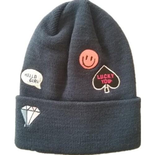 Cartoon cute heart eye smile diamond Computer embroidery thick Hat Knitting Cap Winter Warm Ear protection Fleece Lining Beanies