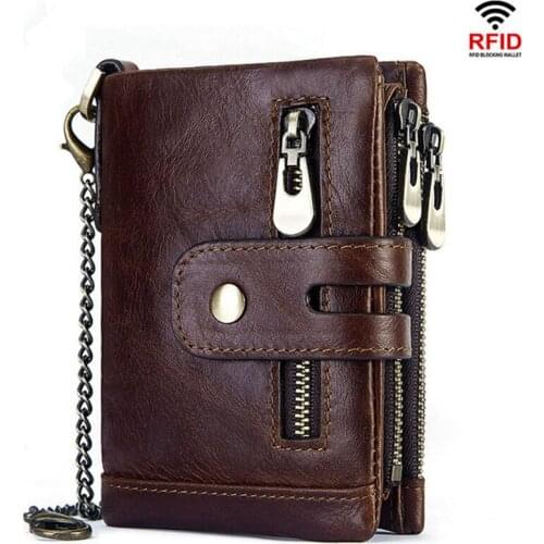 Mens Wallet Crazy Horse Genuine Leather RFID Proof Retro Chain Wallets Threefold Casual Zipper Purse Card Holder Money Clip