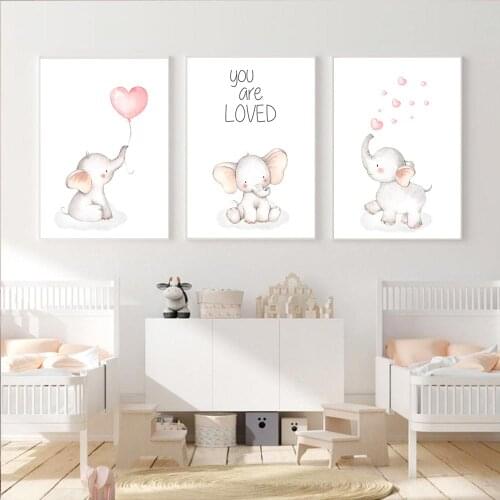 Nursery Elephant Balloon Wall Art Poster And Print Nordic Animal Quotes Kids Picture Blue Pink Baby Children Girl Bedroom Decor