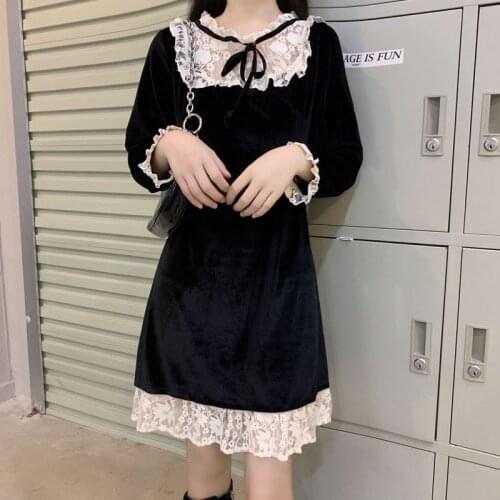 New 2020 Vintage Elegant Casual And Simple Sexy Dress WomenS Lace Stitching Stand Collar Velvet Dress Black Women Dresses