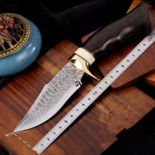 Handmade Fixed Blade Knife Damascus Steel Hunting Knife Leather Sheath Wood Handle Outdoor Survival Camping Tool