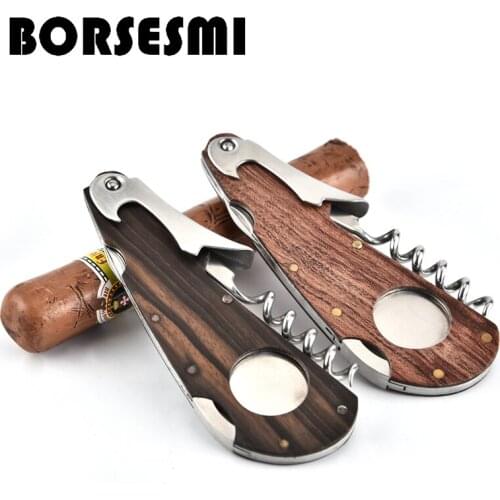 Hot sale stainless steel cigar scissors with wood pocket cigar cutter with Bottle opener multi function Cigarette knife tools
