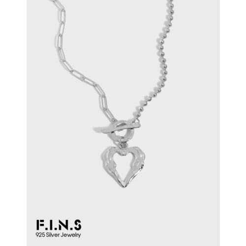 F.I.N.S Asymmetric OT Buckle S925 Sterling Silver Necklace Link Bead Chain Uneven Hollow Heart Pendant Necklace Fine Jewelry