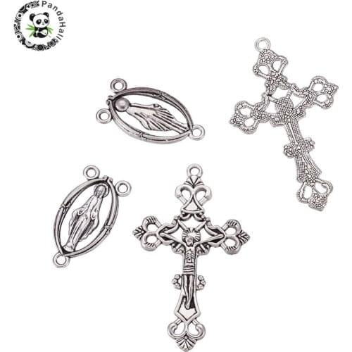 PANDAHALL 10 sets Alloy Crucifix Necklace Pendant Jesus Cross Charm Oval Rosary Center Sets for Jewelry Making
