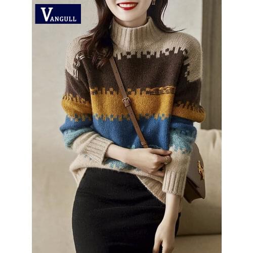 Vangull Fashion Patchwork Striped Sweater Women Autumn New Knitted Turtleneck Loose Pullover Sweater Long Sleeve Female Jumpers