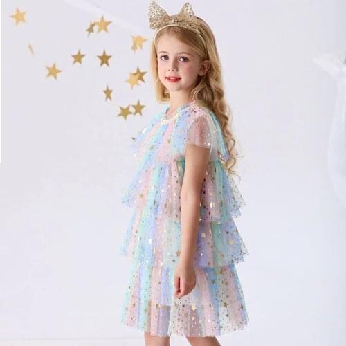 Rainbow Kids Dresses for Girls 2021 Summer Sequined Star Flower Girl Tulle Ball Gown Lace Petal Sleeves Princess Dress Size 3-8T