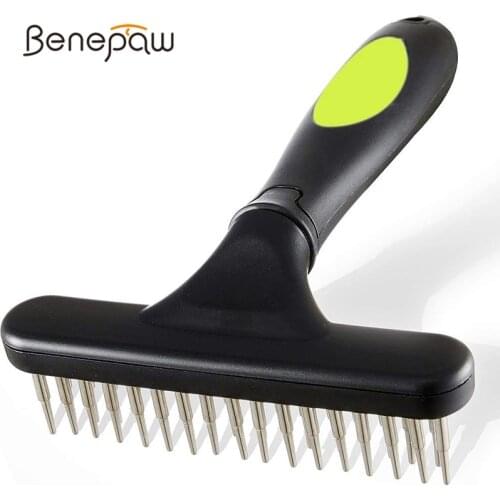 Benepaw Efficient Double Row Dog Rake Undercoat Stainless Steel Portable Lightweight Ergonomic Nonslip Handle Pet Dematting Comb