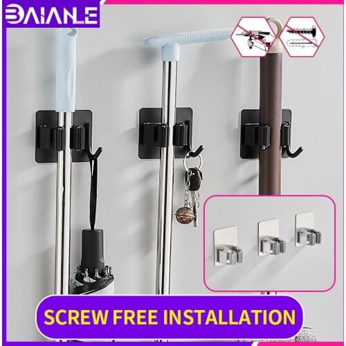 Drawing room broom and mop rack stainless steel robe hooks screw free installation black bathroom shelfs umbrella storage rack