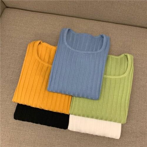 Zoki Soft Women Sweater Autumn Slim Long Sleeve Pullover Jumper Knitted Square Collar Koren Elastic Ladies Korean Basic Blouse