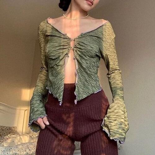 Vintage 90s Aesthetics Ruffles Button Green Tees Y2K Fairy Grunge V-Neck Flare Sleeve Ruched Slit Crop Tops Sexy Tee Cardigan