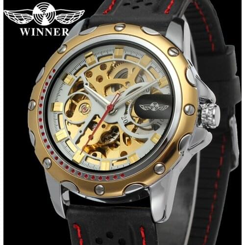 WINNER Automatic Mechanical Men Wristwatch Military Army Sport Male Clock Top Brand Luxury Gold Rubber Skeleton Man Watch 8027