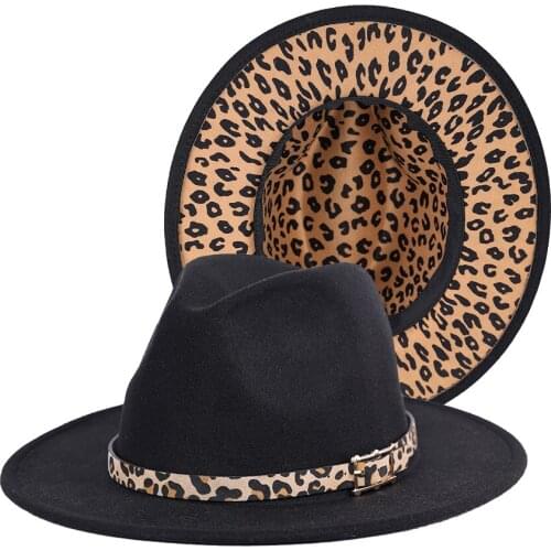 Out Black In Leopard Printed Jazz Fedora Hat With Leopard Band Wool Felt Autumn Winter Women And Men Fashion Church Wedding Caps