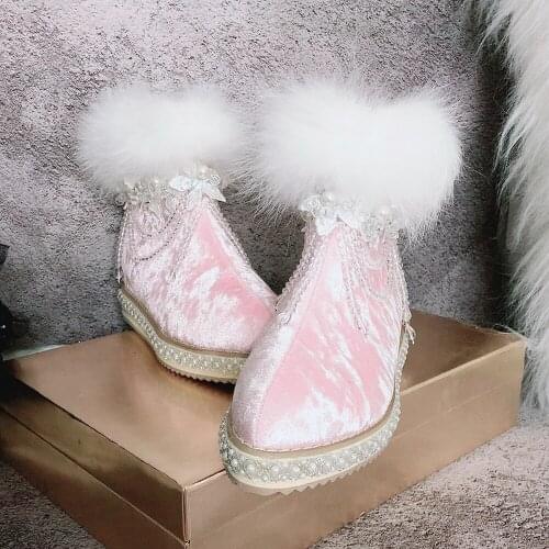 OLOMLB Womens Real Fox Fur Velvet Leather Ankle Boots Pearls Tassels Hidden Heel Warm Winter Snow Shoes Lolita Sweet Thick 2020