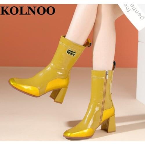 KOLNOO New Style Handmade Ladies Chunky Heels Boots Real Leather Patchwork Party Prom Ankle Booties Sexy Winter Fashion Shoes