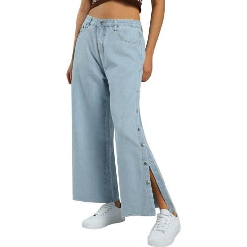 Newest Arrival Women Side Split Short Jeans with Pockets Ladies Solid Color Loose Fit High Waist Denim Fashion Trousers Outfits