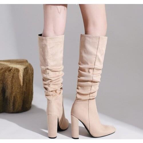 Ochanmeb Pleated Boots Women Top Quality Faux Suede Leather Knee-High Boots Sexy High Heels Trending Dress Long Boots Ladies 43