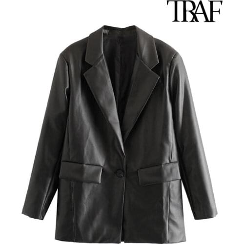 TRAF Women Fashion PU Faux Leather Loose Blazer Coat Vintage Pockets Long Sleeve Back Vents Female Outerwear Chic Tops