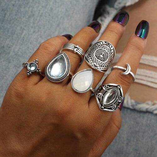 Tocona 7pcs/Set Vintage Antique Silver Color Water drop Opal Stone Knuckle Finger Midi Rings Set for Women Bohemian Jewelry 6338