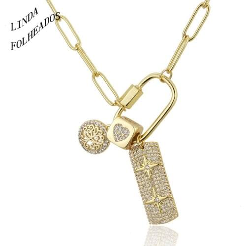 LINDA FOLHEADOS New Design Women Unique Jewelry Love Gold Copper Zircon Trendy Charm Link Chain Pendant Necklace Gift
